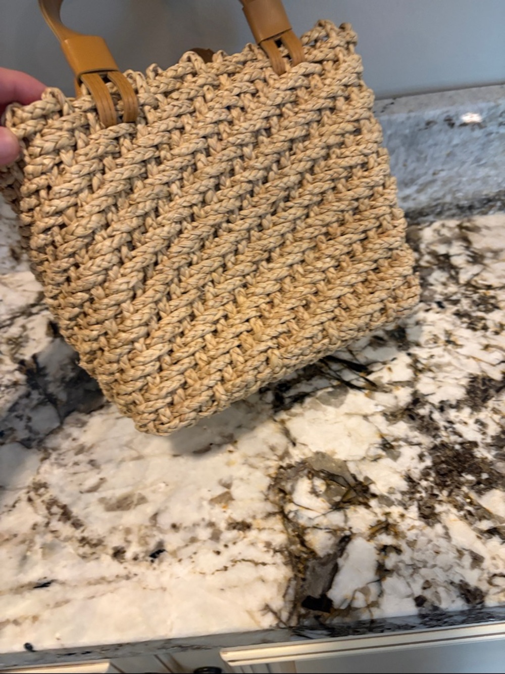 Woven Straw Tote Bag with Tan Leather Handles - Picture 4 of 7